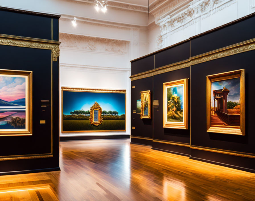 Elegant art gallery with gold-framed paintings on dark walls