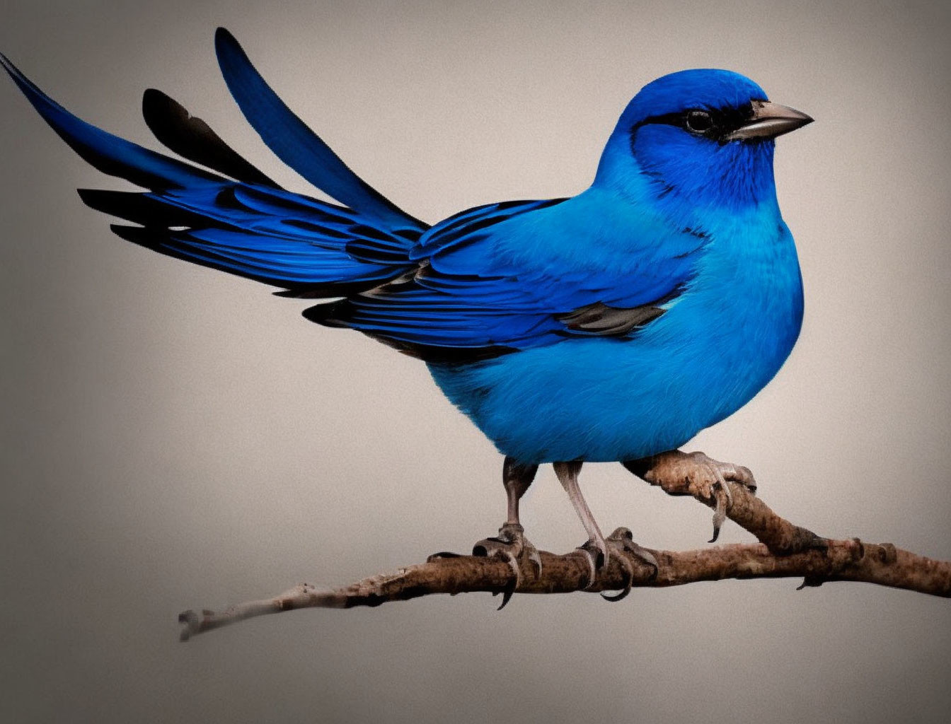 Blue bird perched on branch with ruffled feathers