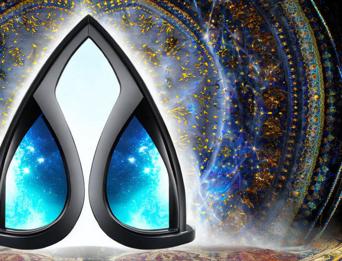 Futuristic window with vibrant cosmic scene: galaxies, stars, blue and orange energy