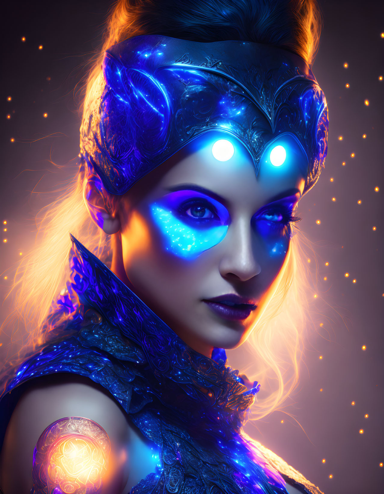 Woman in luminous armor with glowing blue eyes and mystical aura.