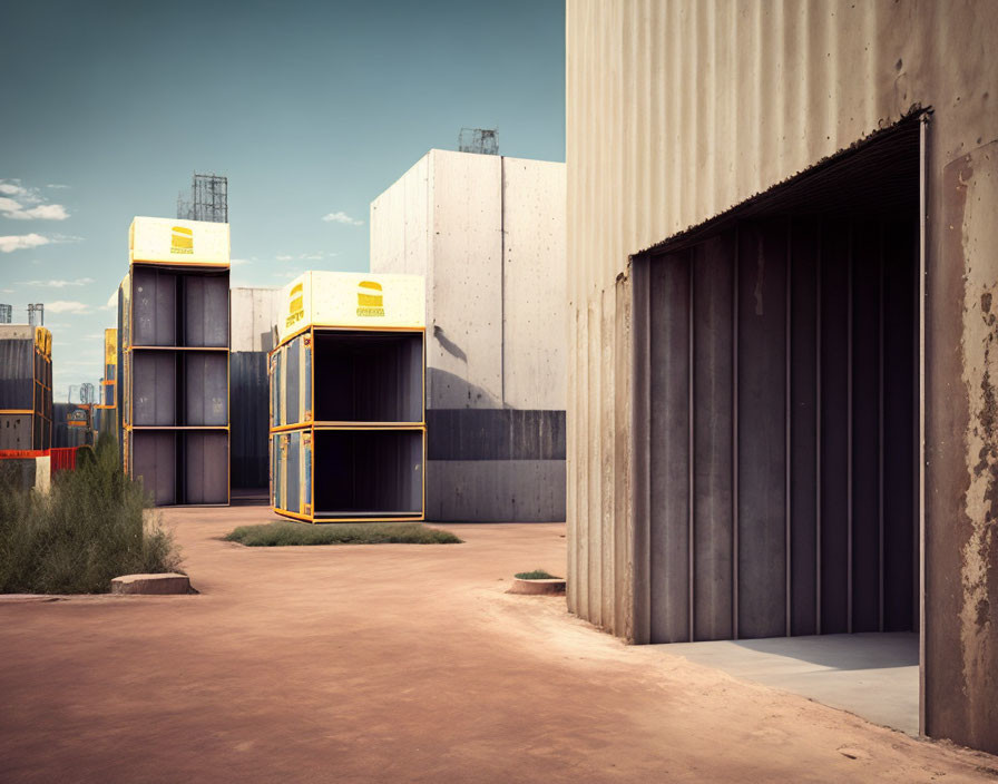 Warehouse exterior with open sliding metal door and stacked portable office units against clear skies