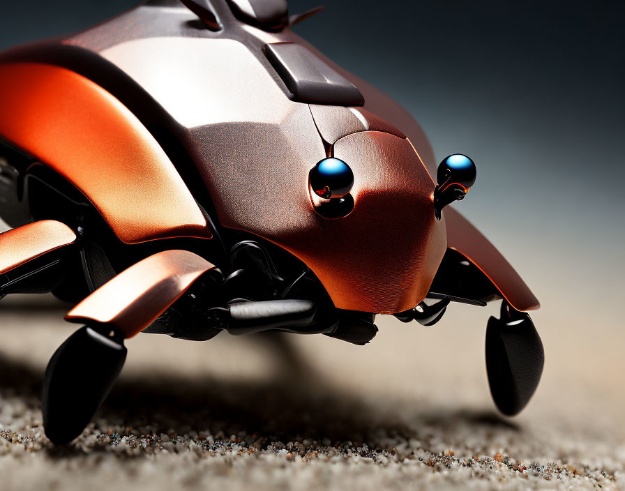 Futuristic orange motorcycle with dual spherical headlights on gritty surface