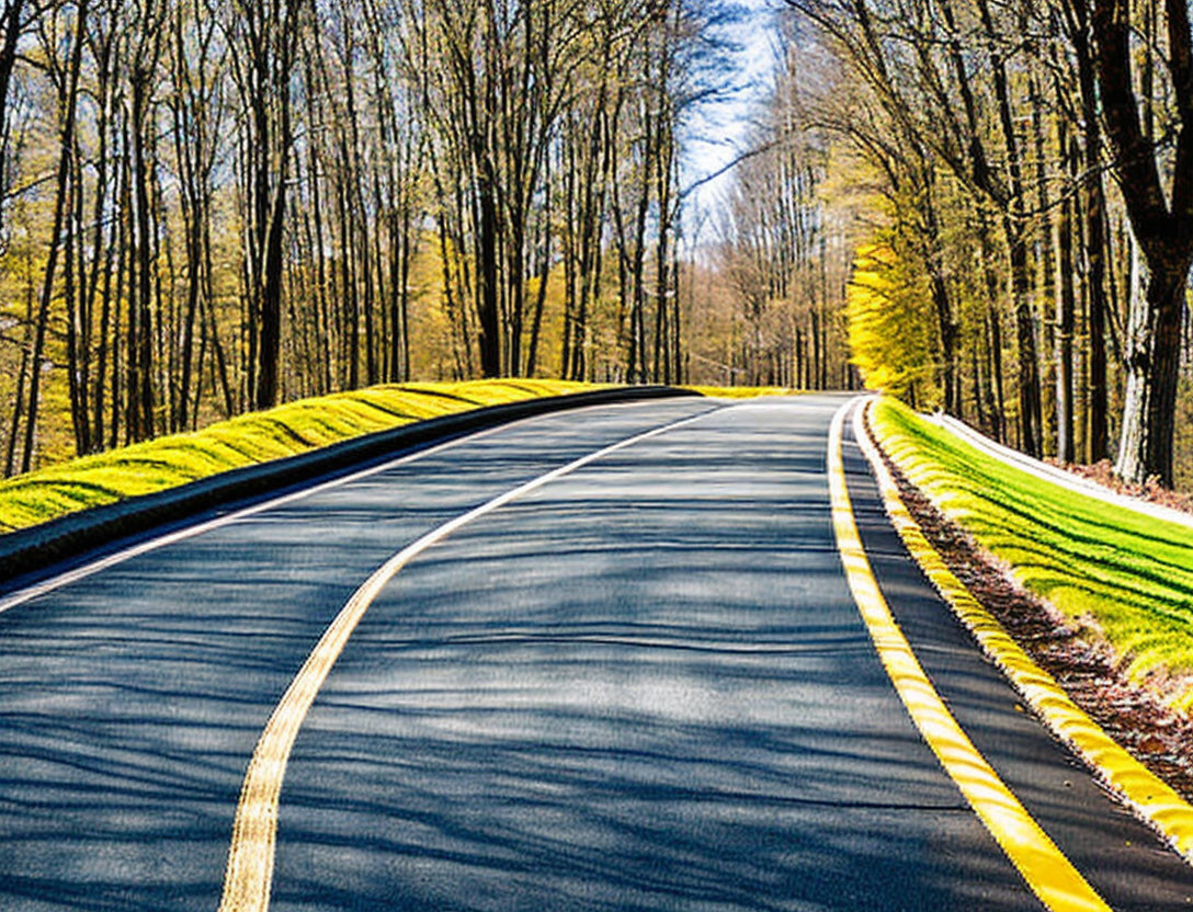 Scenic road surrounded by trees and grass under sunny sky