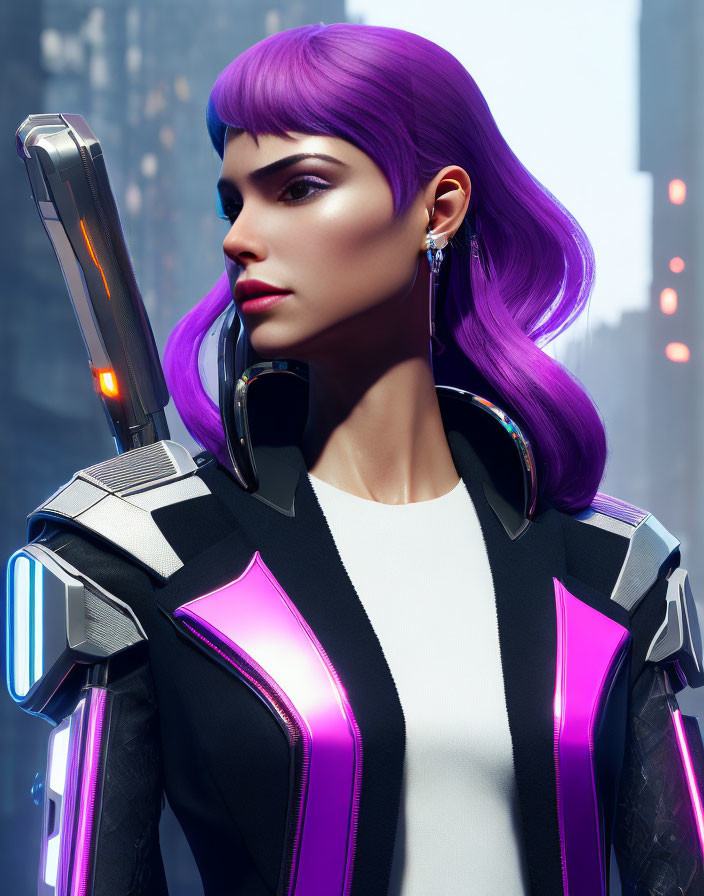 Futuristic armored figure with purple hair and high-tech rifle in urban setting