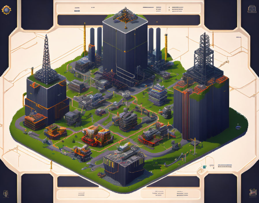 Futuristic isometric industrial complex with dark colors & orange highlights