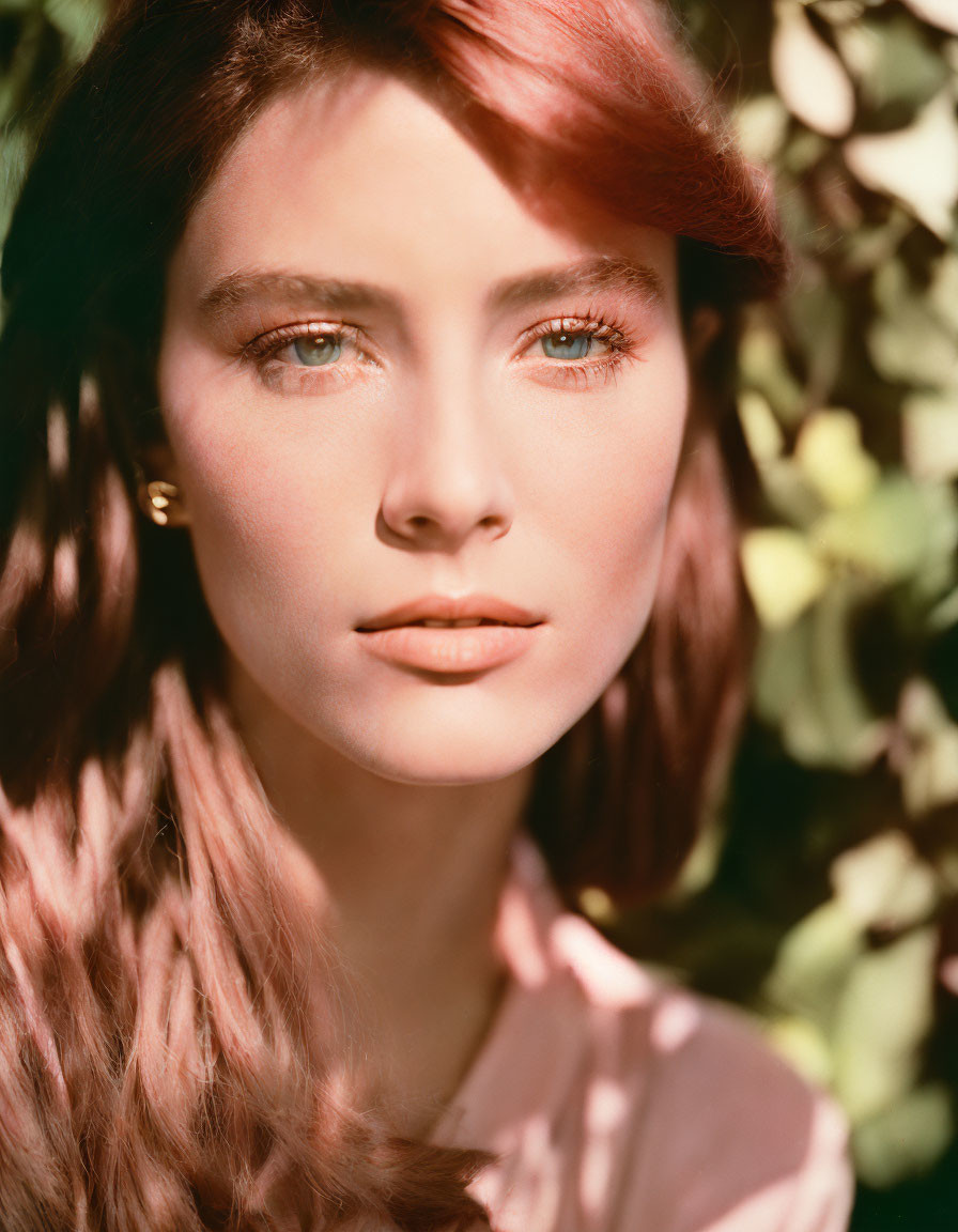 Portrait of woman with green eyes and wavy hair against leafy background