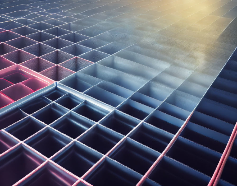 Vibrant Neon 3D Grid Landscape with Dynamic Shadows and Light Rays