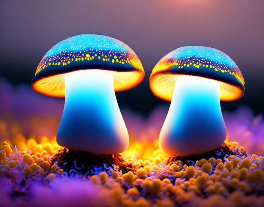 Luminescent blue and orange mushrooms on yellow plants in dark setting