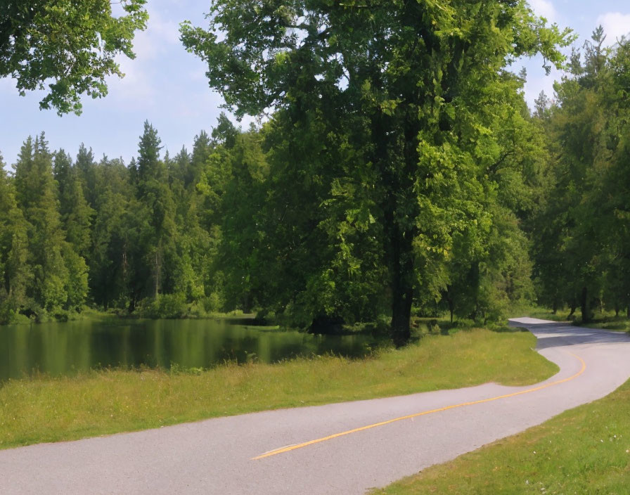 Tranquil Park Scene with Winding Path and Calm Lake