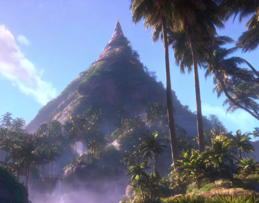 Mystical mountain peak with lush palm trees in soft light