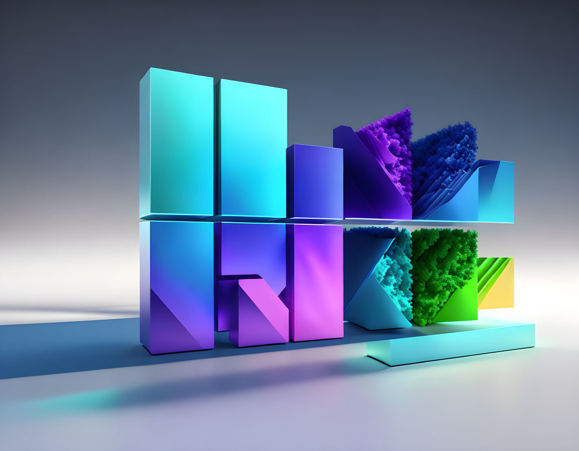 Colorful Glossy 3D Blocks with Geometric Shapes on Reflective Surface