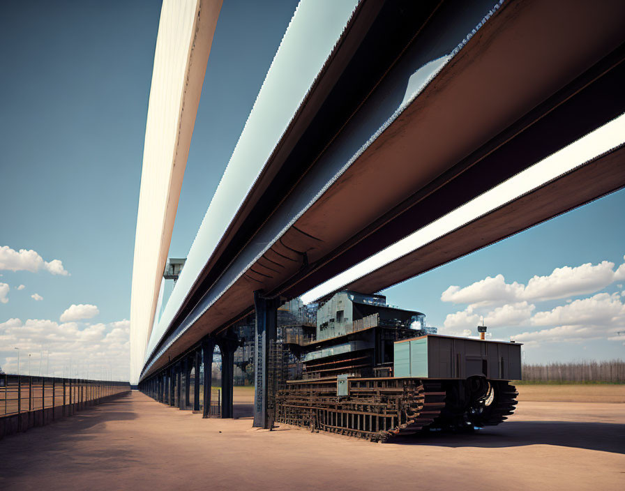 Expansive white bridge under vivid blue sky with machinery below