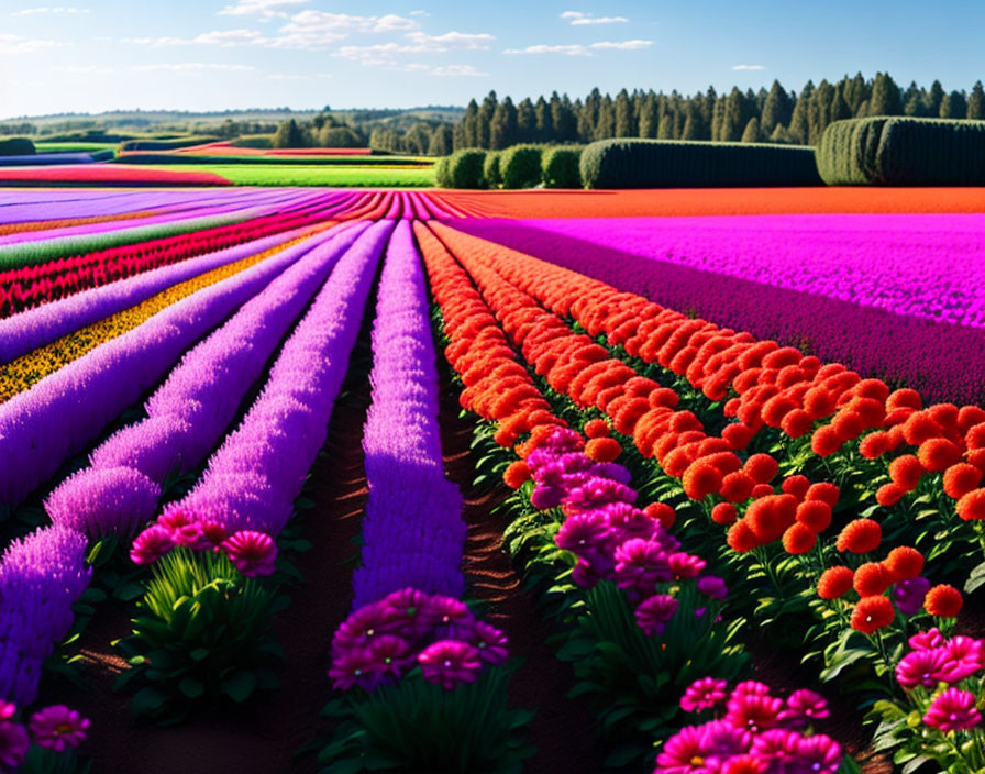 Colorful Flower Field Under Clear Blue Sky