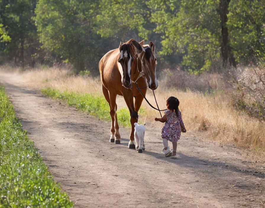 Young girl walking horse and dog on dirt path surrounded by trees.