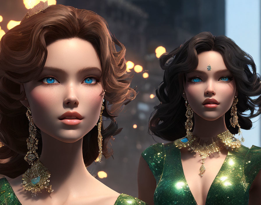 Two digital portraits of a woman with blue eyes in elegant green attire and gold jewelry against a blurred,