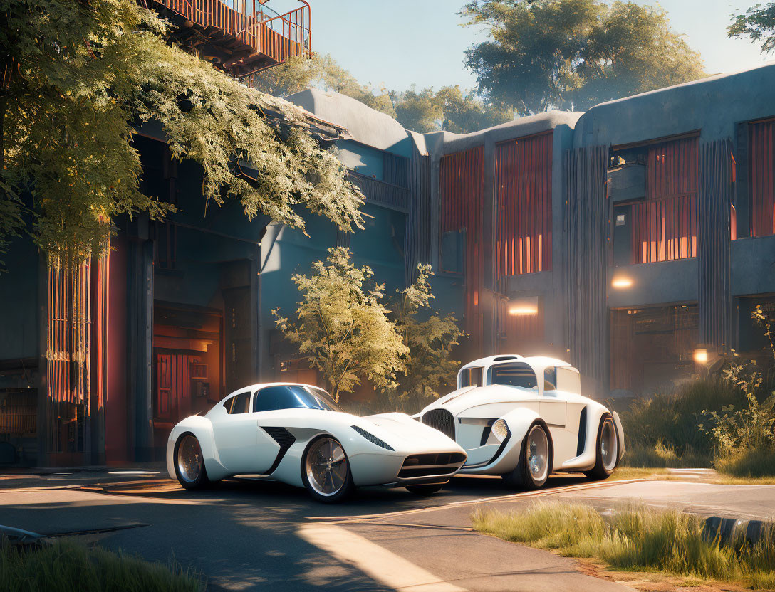 Futuristic white cars parked in front of modern building with greenery