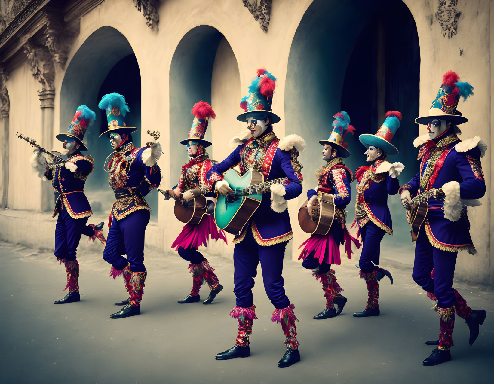 Traditional Mariachi Performers in Vibrant Costumes Playing Guitars and Trumpets