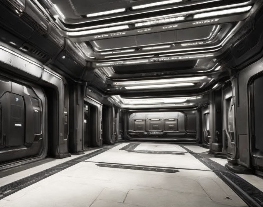 Metallic futuristic corridor with strip lights and closed hatch doors