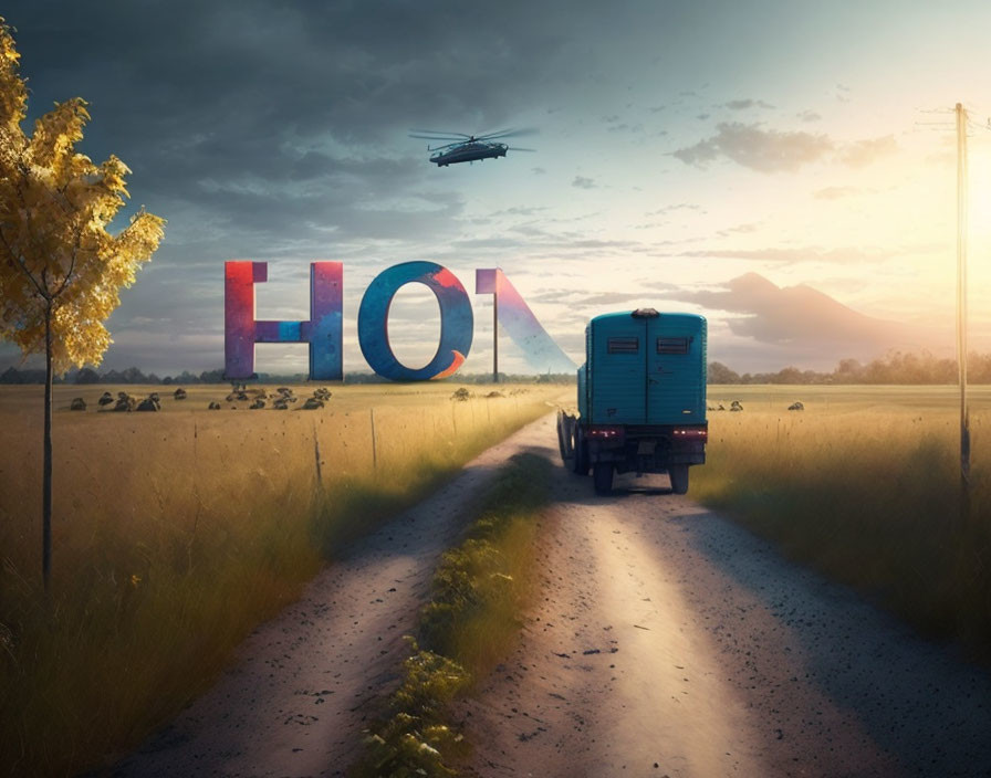 Caravan driving towards colorful "HOME" letters with helicopter and mountains at dusk