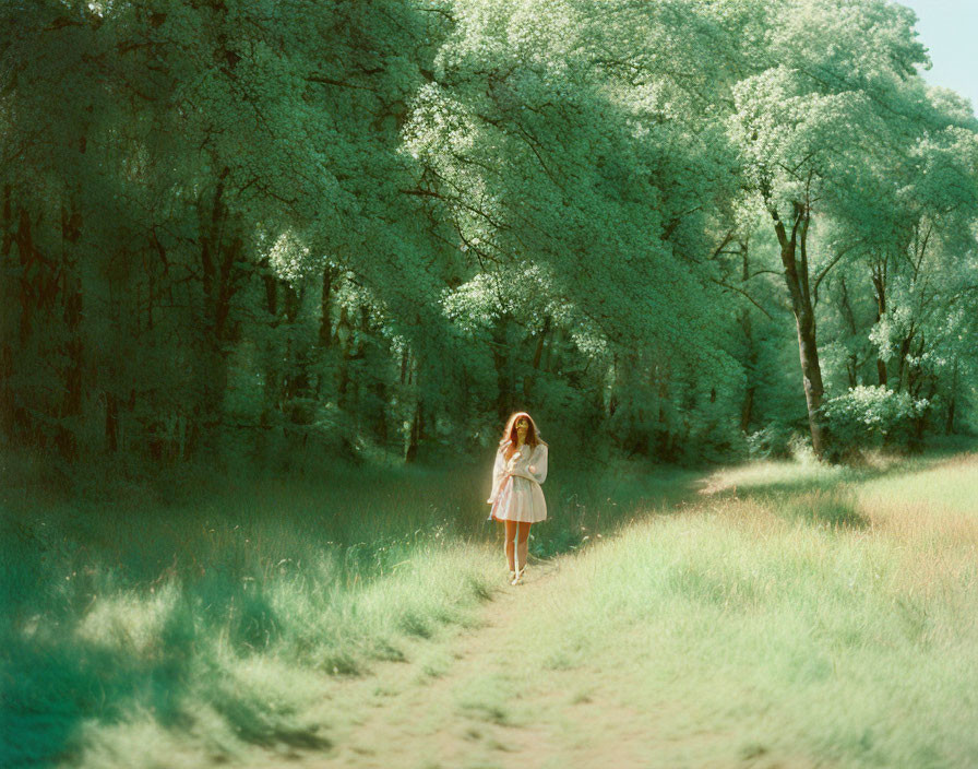 Tranquil forest scene with person on grassy path