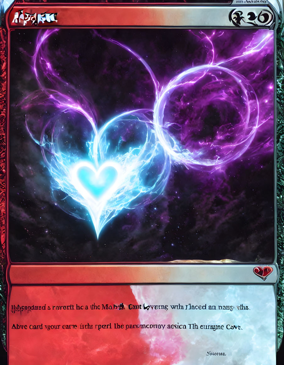 Vibrant heart-shaped energy formation with blue core and purple glow on cosmic background.