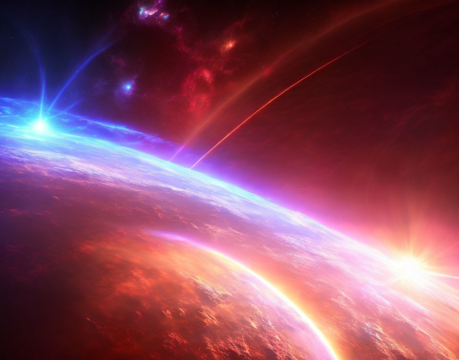 Colorful planet, bright star, and cosmic rays in vibrant space scene