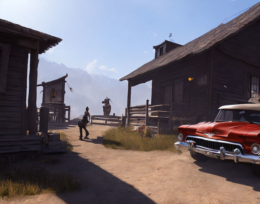 Rustic village with wooden buildings, horse, vintage red car, and mountain backdrop