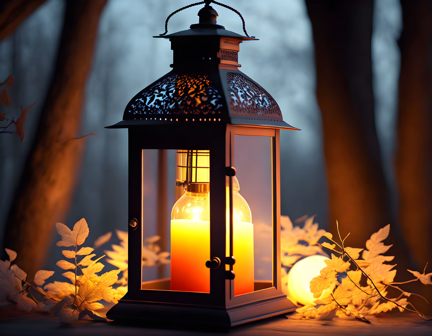 Intricate patterned lantern among leaves in dusk forest.