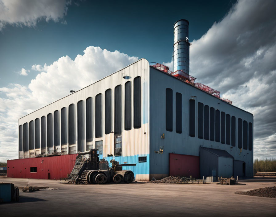 Industrial building, smokestack, bulldozer, cloudy sky view