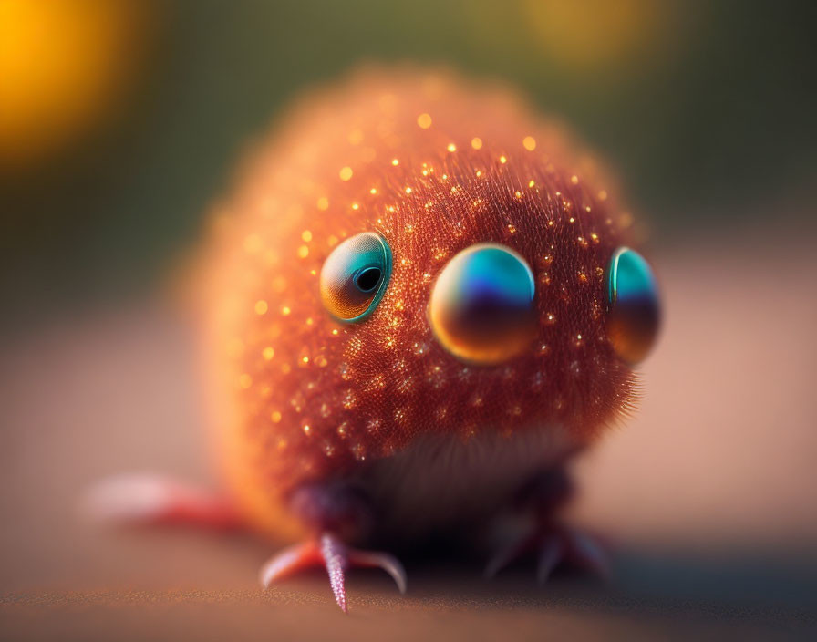 Fuzzy orange creature with blue-green eyes and pink feet in soft-focus setting