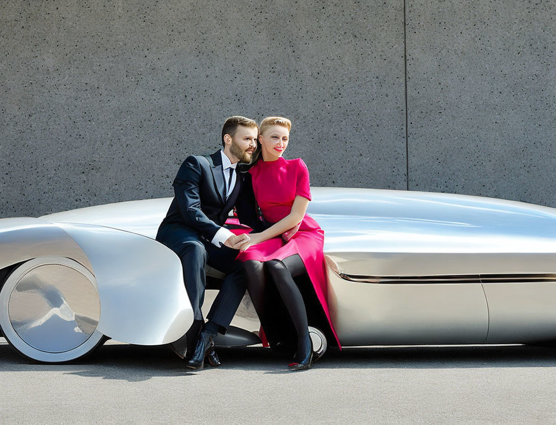 Stylish couple by futuristic silver car on concrete wall