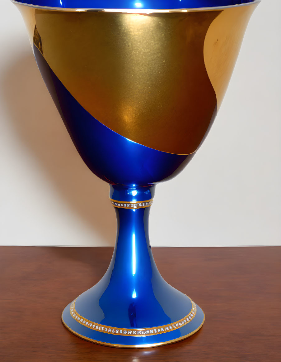 Golden bowl top and blue pedestal base trophy with intricate gold designs