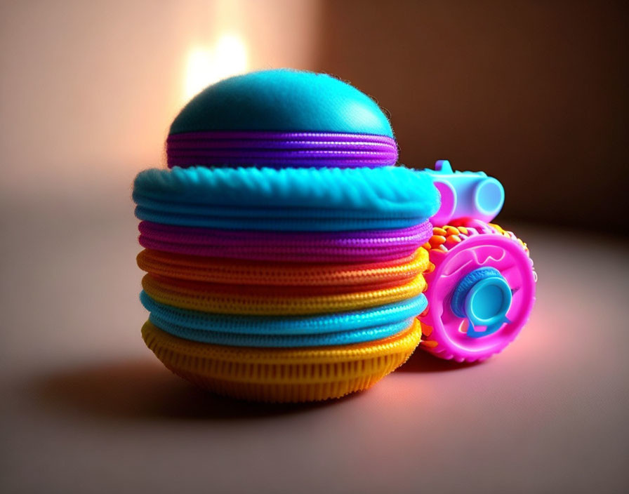 Colorful Interlocking Plastic Discs with Toy Binoculars on Soft Background