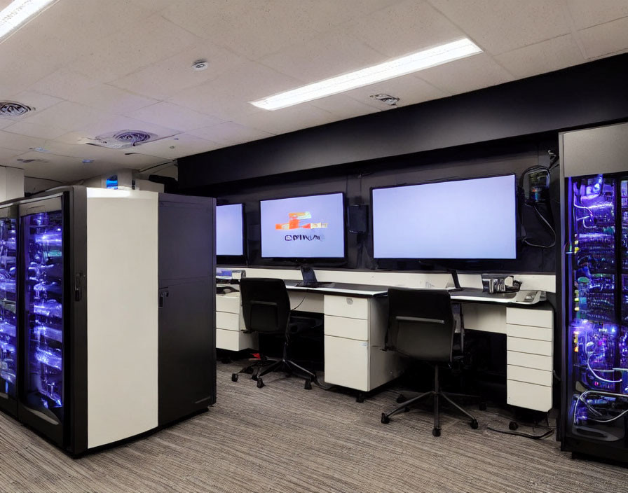 Contemporary Server Room with Racks, Workstations, and Ambient Lighting