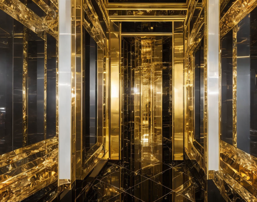 Luxurious Gold-Clad Elevator Interior with Reflective Surfaces and Glowing Lights