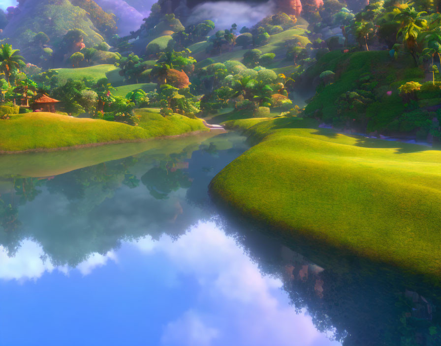 Tranquil animated landscape with green hills, river, reflections, and warm light