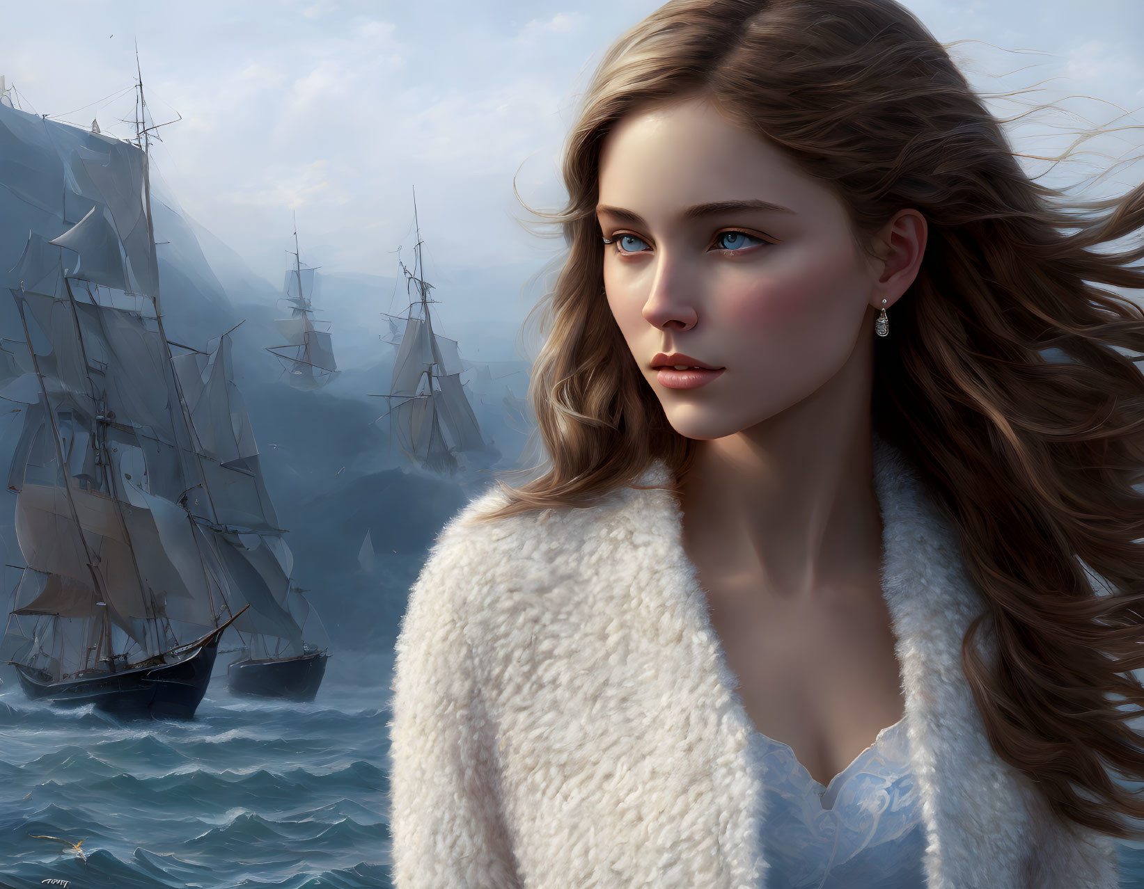 Digital artwork: Young woman with sea-green eyes, brown hair, white coat, tall ships in mist