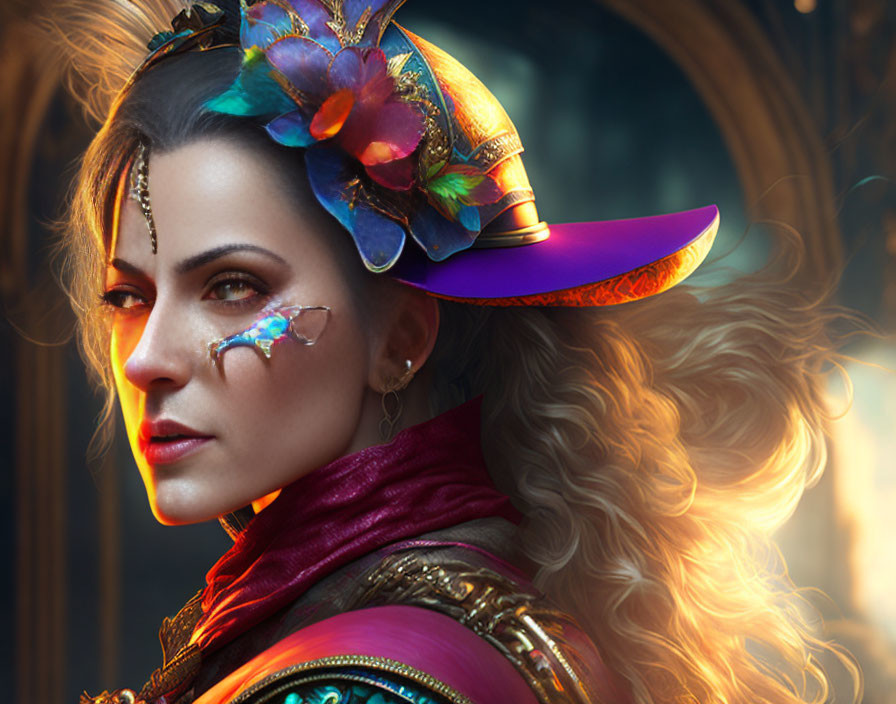 Woman with Ornate Hat and Colorful Makeup in Magical Fantasy Aesthetic