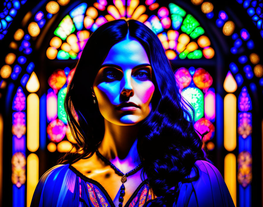 Dark-haired woman with blue eyes in front of vibrant stained glass window