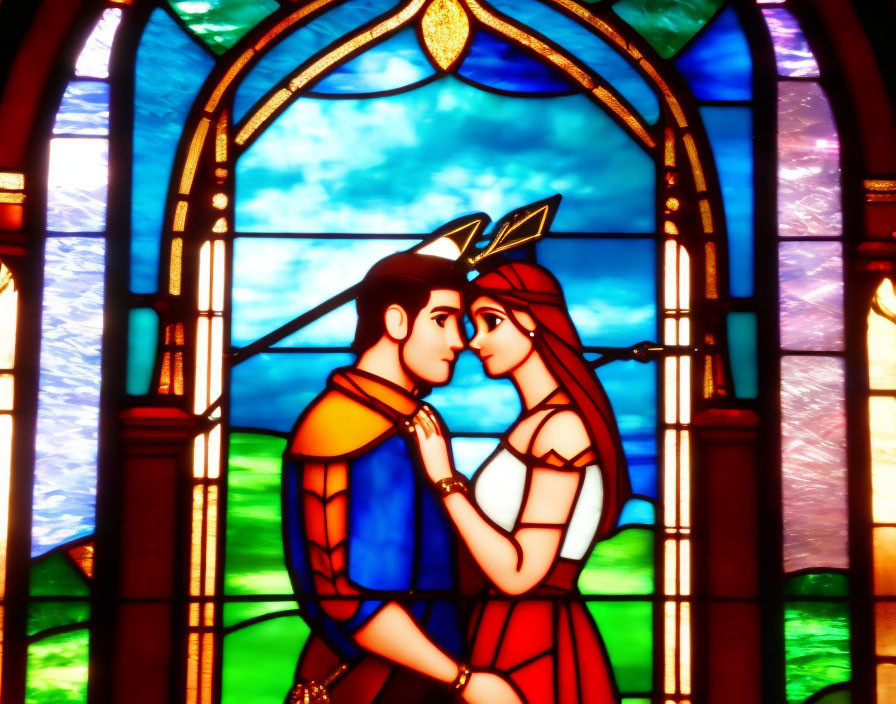 Vibrant Gothic arch stained glass window of prince and princess