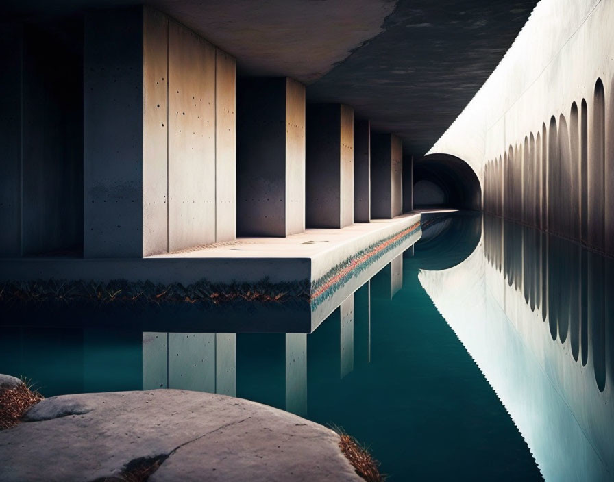 Symmetrical View Under Bridge Reflecting Concrete Pillars