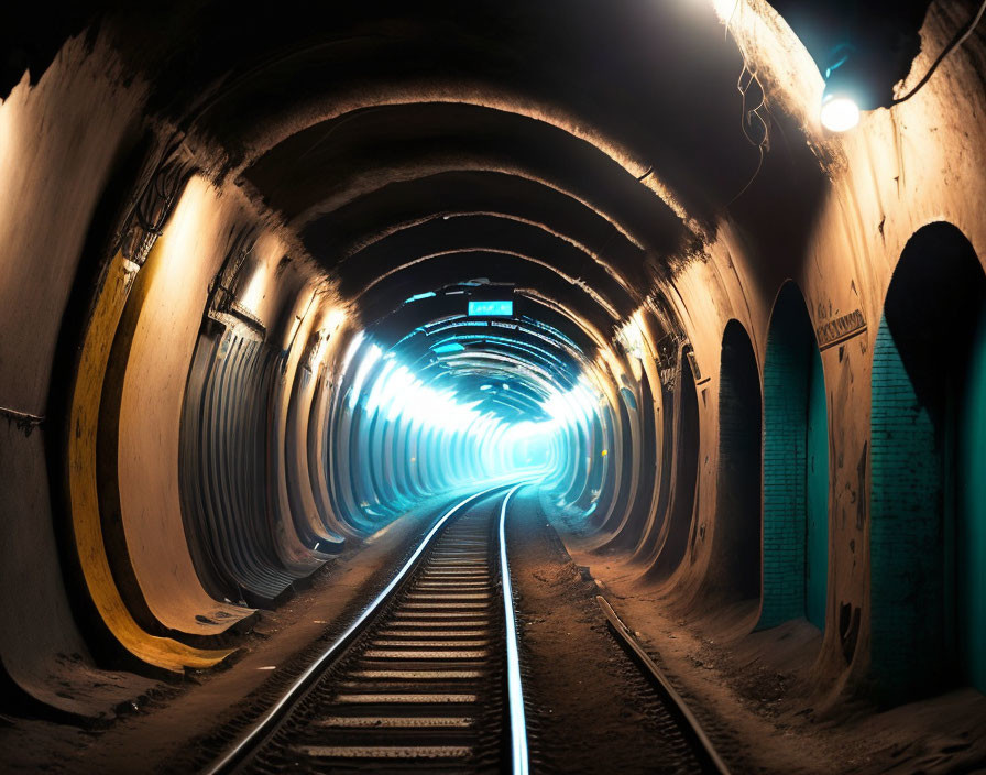 Curved Railroad Tunnel with Illuminated Walls and Arched Entrances