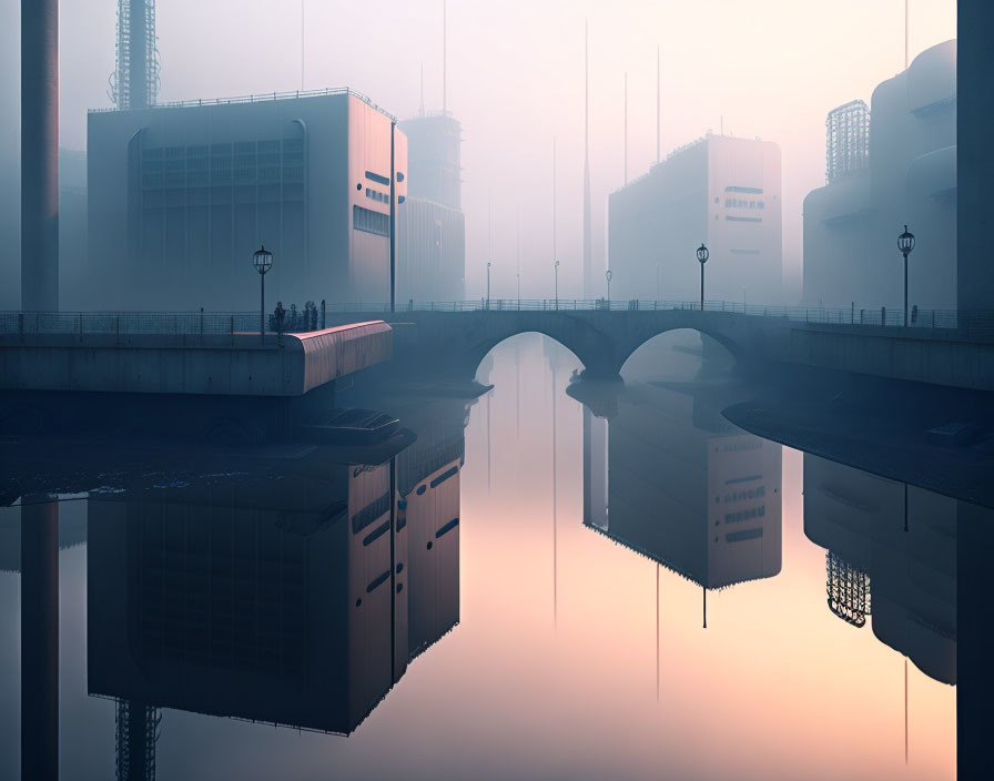 Urban foggy scene: bridge over calm water, industrial buildings, lampposts reflected in sym