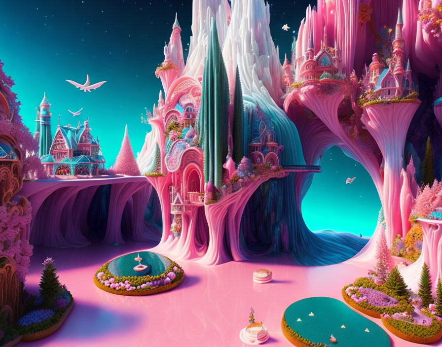 Whimsical pink and teal castles in fantasy landscape