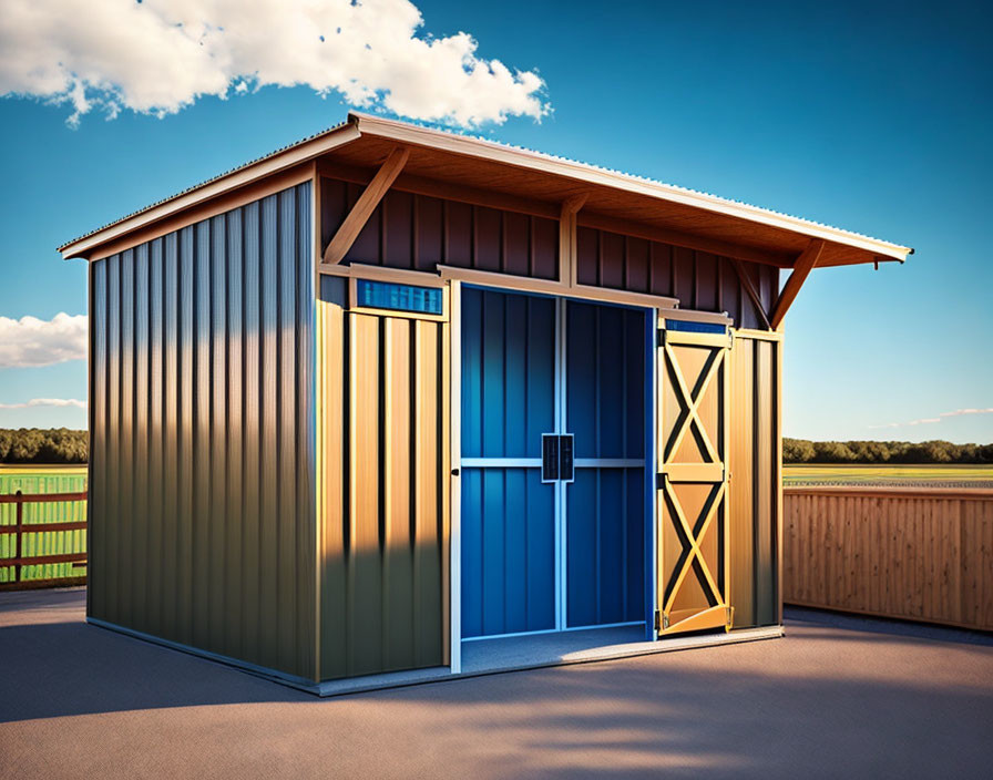 Modern shed with gray metal exterior, blue doors, wooden awning, under clear sky.