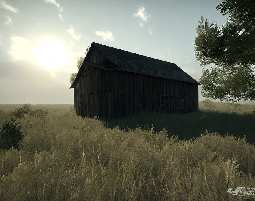 Rustic wooden barn in serene field at sunset