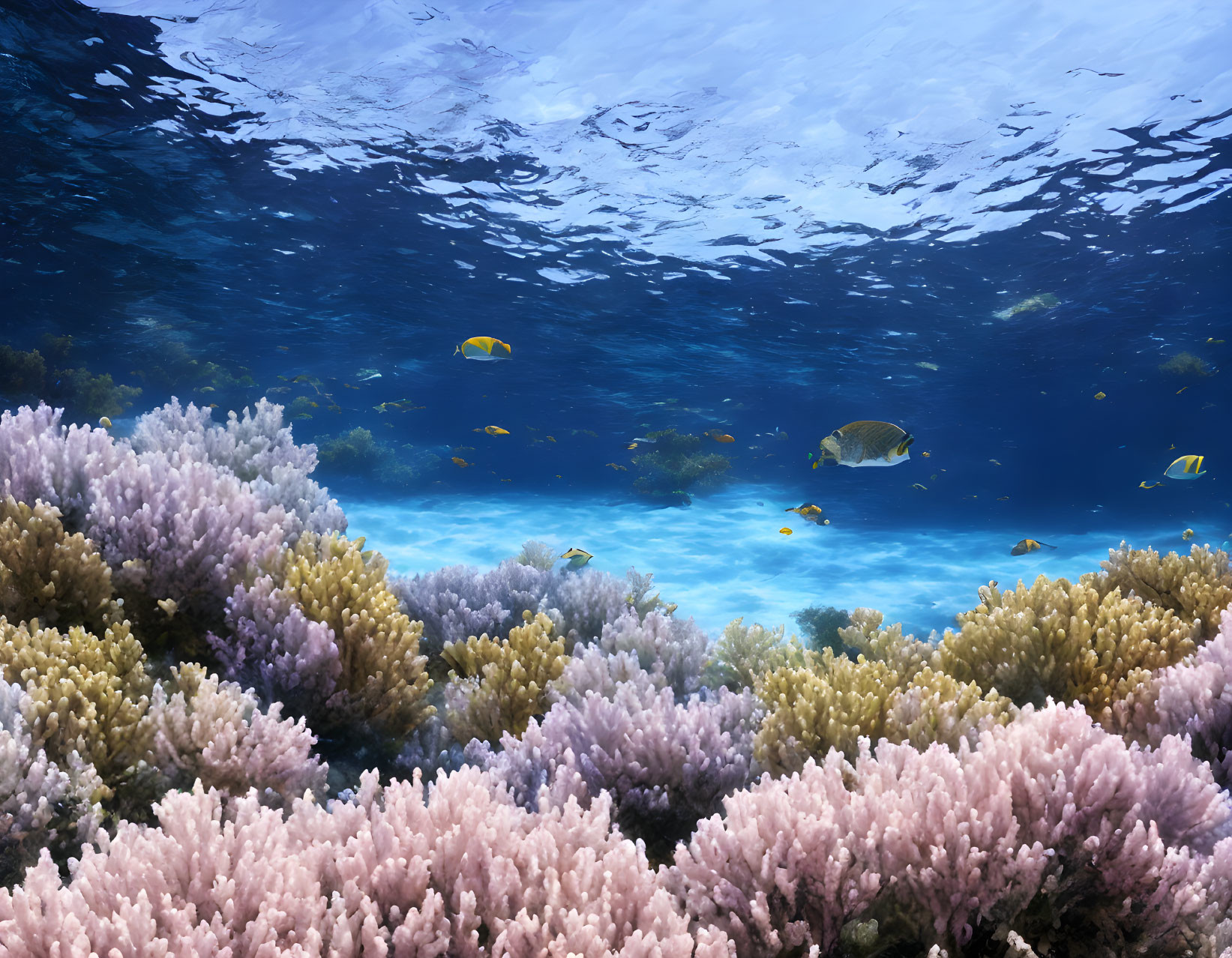 Vibrant Coral Reef with Yellow Fish in Clear Blue Waters