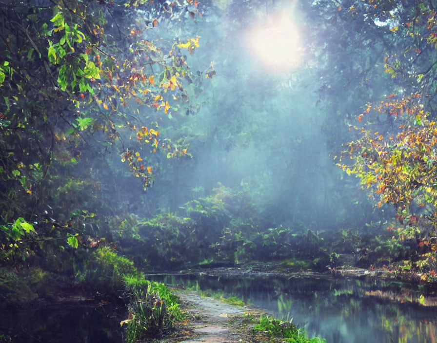 Misty forest scene with sunlight filtering through trees