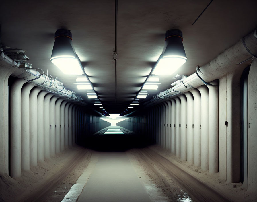 Underground tunnel with ribbed walls and overhead lights.