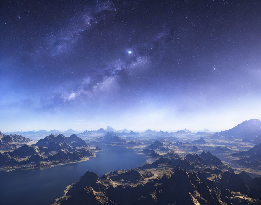 Starry night sky over rugged mountains and tranquil lakes